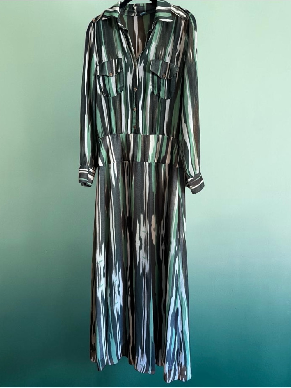 FARM Rio Various Shades of Green Ikat Long Sleeved Maxi Dress